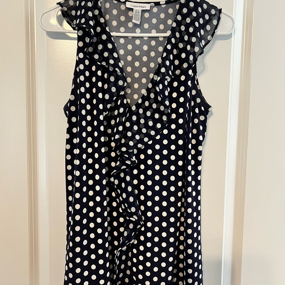 Calvin Klein Sleeveless Navy Blue and White Polka Dot Top Size L